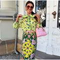 Bow Tie Neck Women Floral Print Set Long Puff Sleeve Cuff Trim Loose Blouse Vibrant Ethnic Midi Skirt Straight Hem Street Daily