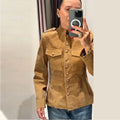 Vintage Waist Cinched Women's Suede Jacket Stand Collar Long Sleeve Single Breasted MilitaryJackets 2026 Autumn Lady Chic Coats