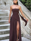 Irregular Slit Vacation Long Dress For Women Elegant Contrast Slim Ribbon Dress Back Lace Up Female Strapless Summer New