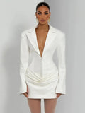 Elegant Office Dress Women Sexy Single-Breasted Hidden Buttons V-Neck Full Sleeve Folds Fashion Commute Bodycon