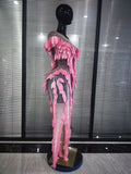 Pink Golden Women Sexy Mesh See Through Bodycon Long Dress 3D Leaves Celebrate Birthday Photoshoot Performance Costumes Wear