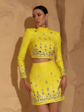 Two Piece Sets for Women Stand Collar Long Sleeve Spliced Diamonds Top High Wiast Mini Skirt Elegant Outfit Female