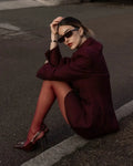 Burgundy Slim Fit Women Blazer Notched Lapel Single Breasted With Pockets Loose Hem Elegant Coat Banquet Outfit Female Clothing