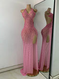 Luxury Rhinestones Pink Elegant Princess Long Dress Design Women Sexy Mesh Split Backless See Through Dresses For Special Events
