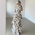 Women Long Dress 2 Piece Elegant Polka Dot Sleeveless Top Ruffle Pleated Dress Set Luxury Party Sexy Female Dress Set
