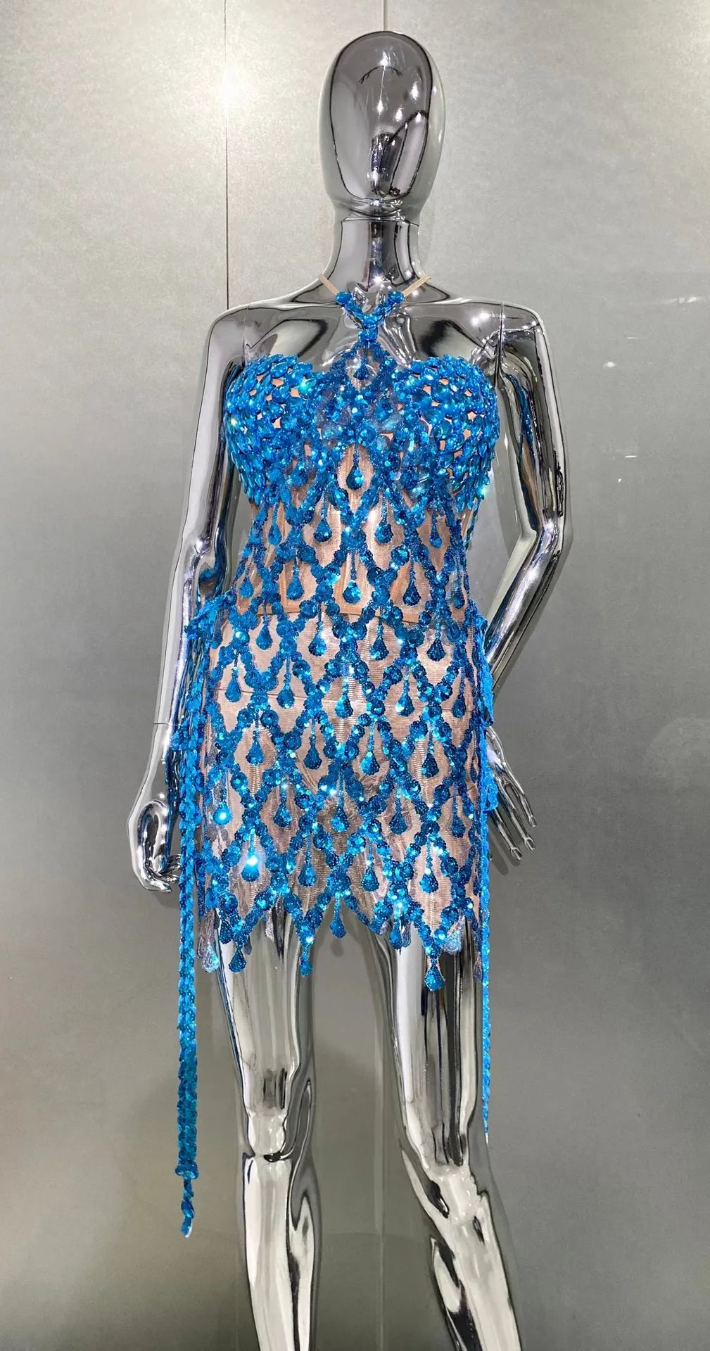 Women's Two-piece Peacock Blue Sequined Rhinestone Tube Top Halter Sheer Dress Fashion Hot Party Stage Performance Evening Gown