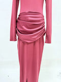 Elegant Style Pencil Dresses for Women O Neck Shoulder Pud Long Sleeve High Waist Pleated Slim Maxi Dress Female