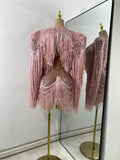 Sexy Mesh See Through Rhinestones Two Pieces Dress Coat Sets Women Sparkly Tassels Performance Singer Dancer Stage Costume