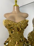 Sparkly Sequins Diamonds Women Sexy Mesh Strapless Short Sleeveless Gold Party Nightclub Performance Costume Stage Wear