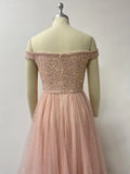 Sexy Shoulder Bared Formal Evening Gown with Asymmetrical Hem Tulle Ball Dress Glitter Birthday Party Christmas Dresses