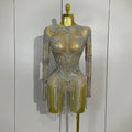 Full Sparkly Rhinestone Chain Sexy Mesh See Through Bodysuit Women Luxury Birthday Party Performance Dance Nightclub Stage Wear