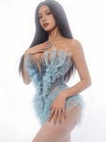 Women Sky Blue Sexy Strapless Mesh Ruffled See Through Mini Dress Luxury Rhinestone Birthday Evening Party Nightclub Stage Wear