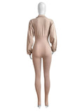 Washed Distressed Jumpsuit Women Ribbed V-Neck Solid SKinny Long Sleeve Fall Casual Trend Simple Activity Streetwear
