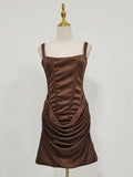Sexy Solid Color Mini Dress for Women Round Neck Sleeveless High Waist Spliced Folds Bodycon Party Dresses Female