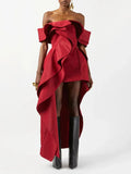 Red Sexy Off Shoulder Ruffle Slim Irregular Long Dress 2026 New Red Fashion Evening Party Trendy Clothing