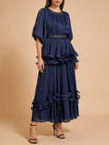 Elegant Chiffon Layered Ruffles Design Dress for Women Short Sleeves Waist Belt Spliced Diamonds Accent for Afternoon Tea