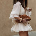 Solid Spliced Lace Up Mini Dresses for Women Slash Neck Long Sleeve High Waist Temperament Dress Female