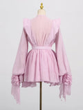 Fashion Women Ruffles Short Dress Elegant O-Neck Lace Up Lantern Long Sleeve Mini Vestido Chic Female 2025 Solid Dresses