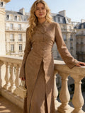Chic Oriental Slim Long Dress Set Women Casual Stand Collar Full Sleeve Knot Button Slit Hem Suit Spring Lady Street Wears New