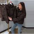 Women Leopard Print Puffer Jacket Stand Collar Zip‑Up Drawstring Hem Loose Short Warm Winter Padded Side Pockets Coat Outerwear