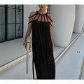Solid Loose Hollow Out Dresses for Women O Neck Sleeveless High Waist Minimalist Dress Femle Clothes