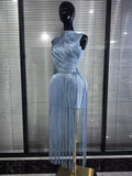 Pink Skyblue Women Sexy O-Neck Bodycon Bandage Long Tassels Gowns Dress Elegant Evening Party Birthday Homecoming Outfit