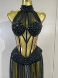 New Sexy Sparkly Rhinestone Mesh Backless See Through Bodysuits Dress Women Eveing Party Nightclub Bar Stage Performance Costume