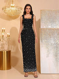 Women'S Luxury Pearl Bead Tight Bandage Long Dress Sexy Square Neck Sleeveless Elegant Evening Wedding Banquet Party Gown