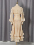 Luxury Afternoon Tea High Neck Pleated Maxi Dress for Women Puff Sleeve Ruched Waist Tiered Flared Skirt for Wedding Guest
