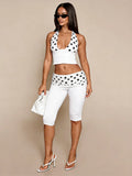 Patchwork 2-Piece Set Women Backless Halter Low-Neck Vest+Folds Elastic Waist Short Fashion Polka Dot Print Suits