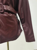American Retro Burgundy Leather Jacket for Women Stand Collar Long Sleeves Slimming Design Coat Female Winter New