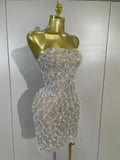 Women Sparkly Rhinestones Sexy Strapless Mesh See Through Mini Dress Birthday Party Evening Cocktail Dress Nightclub Stage Wear