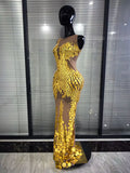 Sparkly Golden Sequiend Women Sleeveless Sexy O-Neck Mesh Bodycon Gowns Dress Elegant Evening Party Celebrity Red Carpet Dress