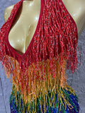 Sexy Rainbow Gradient Fringe Halter Bodysuit Rhinestone Choker Women Stage Performance Carnival Party Outfit