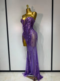 Women Sexy Strapless Purple Rhinestone Tassels Maxi Long Dress Birthday Photo Shoot Bar Nightclub Stage Performance Outfit