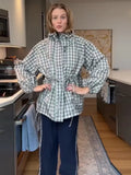 Gingham Plaid Hooded Windbreaker Jacket Drawstring Waist Loose  Outerwear 2026 Spring Autumn Lady Retro Outdoor Casual Jacket