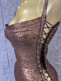 Women Sexy Metallic Gold Silver Bronze Bodycon Dress with Thin Straps and Drawstring Hem Evening Event Women Clubwear Outfit