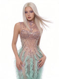 Sexy Sleeveless Mesh Ruffled See Through Long Dress Sparkly Rhinestone Eveing Birthday Party Nightclub Bar Singer Stage Costume