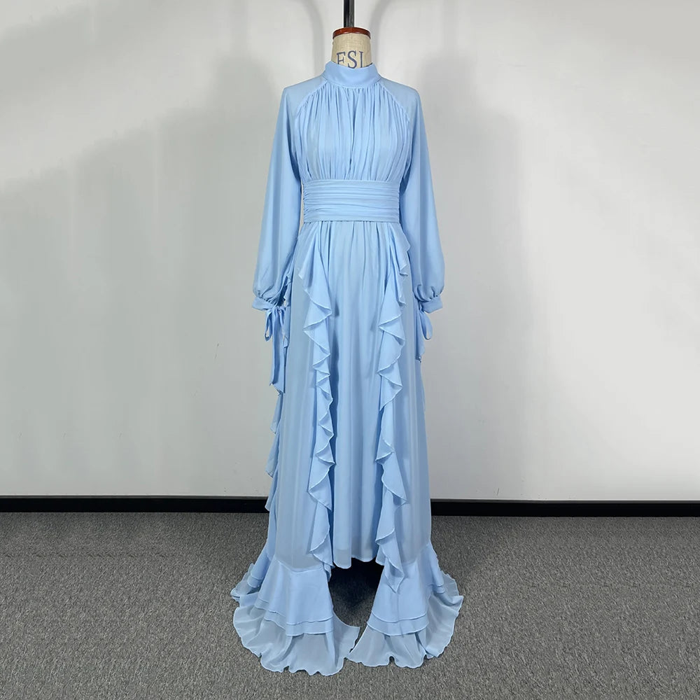 Solid Spliced Ruffles Elegant Dresses For Women Turtleneck Long Sleeved High Wasit Slim Floor Length Dress Female Fashion