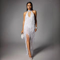 Women's Glam Low-Cut High Split Sleeveless Fringed Dress Fashion Party Dinner Evening Gown Performance Costume Vestidos De Noche
