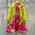 Abstract Brush Print Mini Dress for Women  Bow Tie Neck Lantern Long Sleeve Sheer Organza Loose A Line for vacation shopping