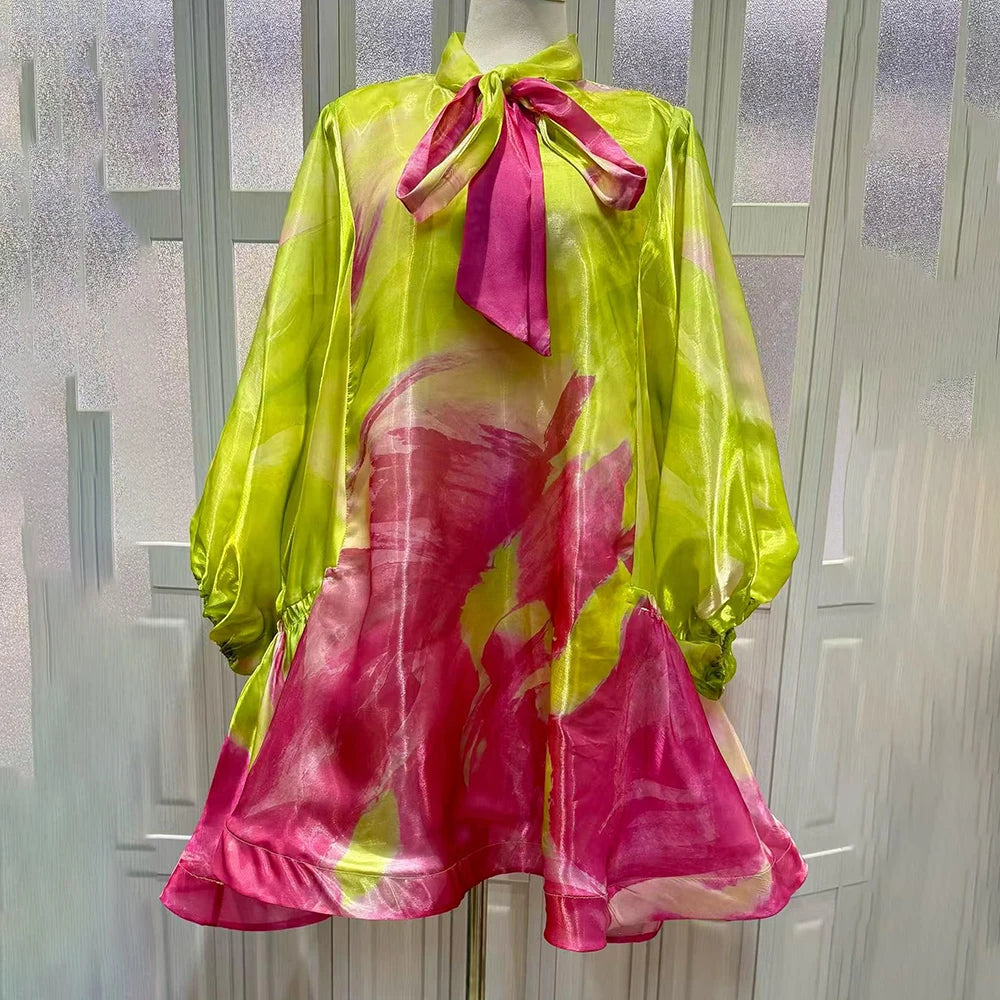 Abstract Brush Print Mini Dress for Women  Bow Tie Neck Lantern Long Sleeve Sheer Organza Loose A Line for vacation shopping