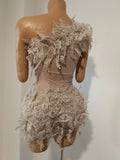 Sexy Sparkly Rhinestones One Shoulder Mesh See Through Mini Dress Women Birthday Evening Celebrate Party DJ Nightclub Stage Wear