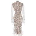 Elegant White Lace Midi Dress Women's Turtleneck Long Sleeve Ruched Bodycon Dresses Evening Party Cocktail Female Winter Autumn