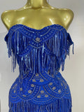 Women Blue Off The Shoulder Shiny Sequined Tassel Bodycon Mini Dress Eveing Celebrity Party Prom Birthday Club Dress Vestidos