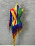 Luxurious Rainbow Fringe Dress with Rhinestone Detail and Single Sleeve Ideal Nightclub Women Carnival Party Rave Outfit