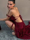 Elegant Backless Dress Women Mesh Patchwork Slash Neck Lace-Up Irregular Tierred Midnight Banquet Party Long Bodycon
