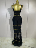 Elegant Black Sexy Square Collar Tassel Sleeveless Bodycon Bandage Dress Women Celebrity Evening Party Prom Birthday Dresses