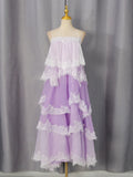 Gradient Color Runway Spaghetti Strap Maxi Dress for Women Strapless Spliced Ruffles Sweet Lace Edge Cake Dresses Female New