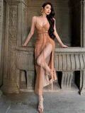 High Splits Tassels Maxi Dress Women Sexy Patchwork v-Neck Backless Sexy Zipper Elegant Banquet Skinny Party Vestidos